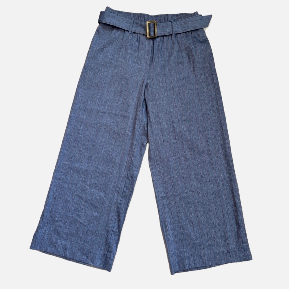 J. Jill Linen Women's Jenna Stretch Chambray Belted Wide Leg Crop Pants Small